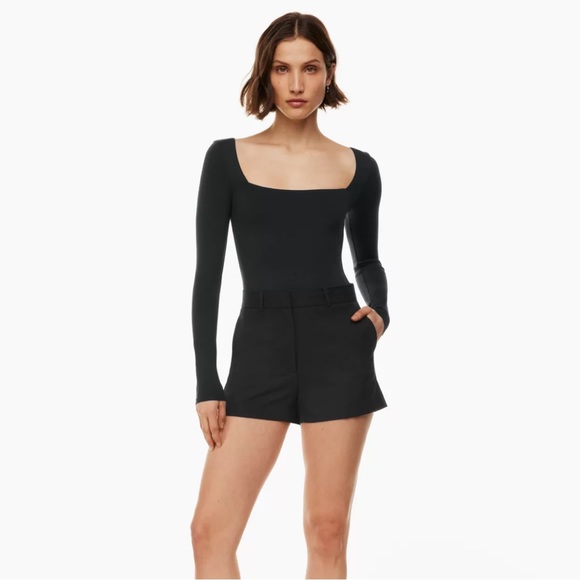 Aritzia Babaton Square Neck Long Sleeve Bodysuit in Black with Thong Bottom - Picture 2 of 10